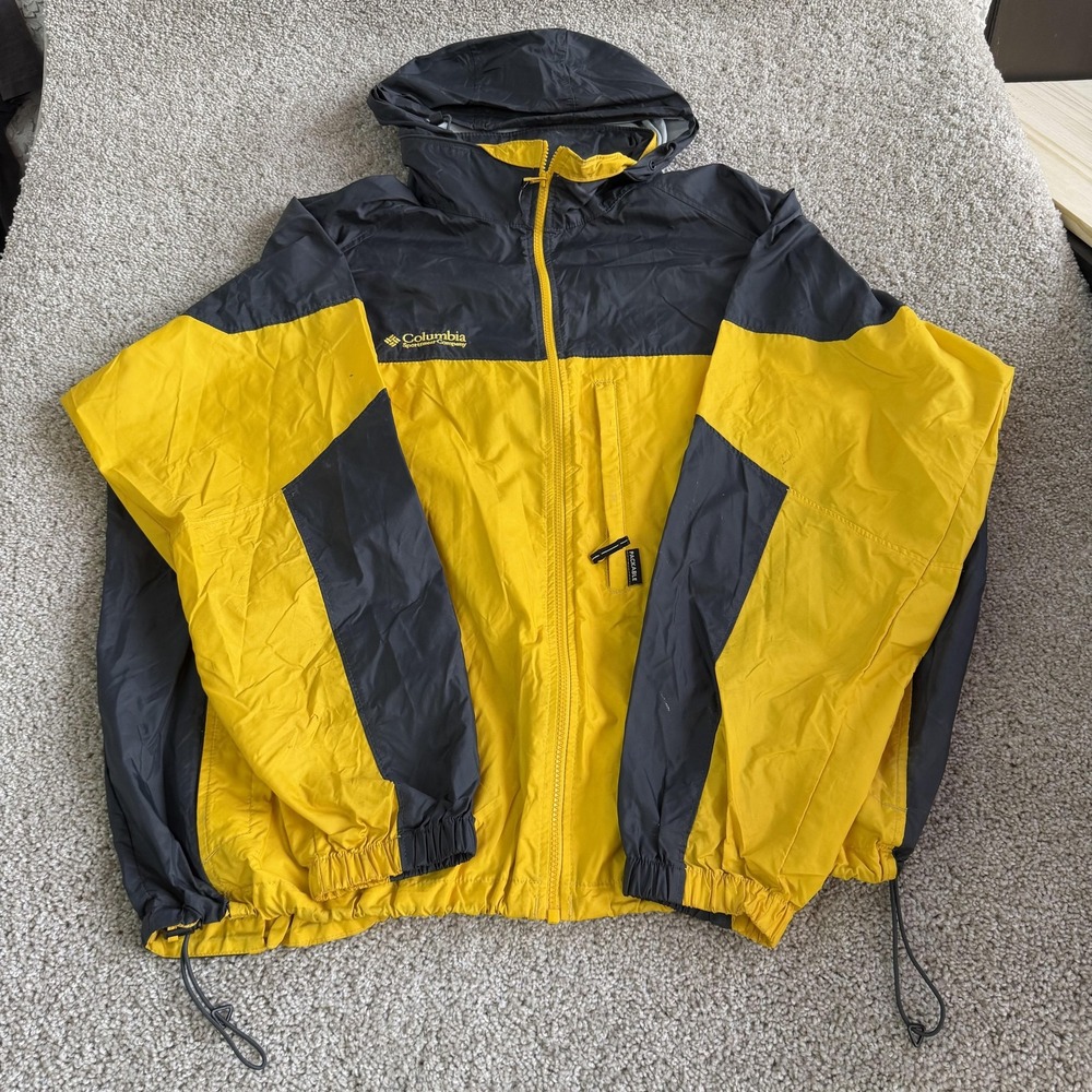 Vintage Columbia Windbreaker Jacket Mens 2XL Yellow Gray Hooded Full Zip Hiking